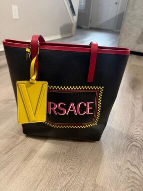 Versace Black Tote with Red Trim and Yellow Tag